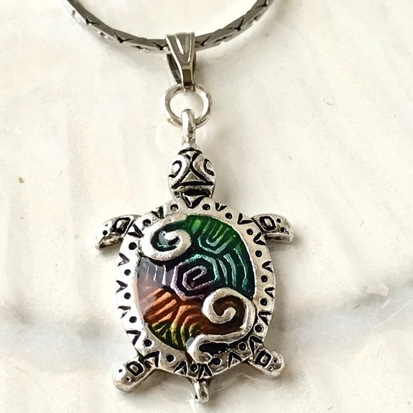 Silver Sea Turtle Pendant Necklace Colorful Enamel Plated 19" Nautical Island - Picture 2 of 14